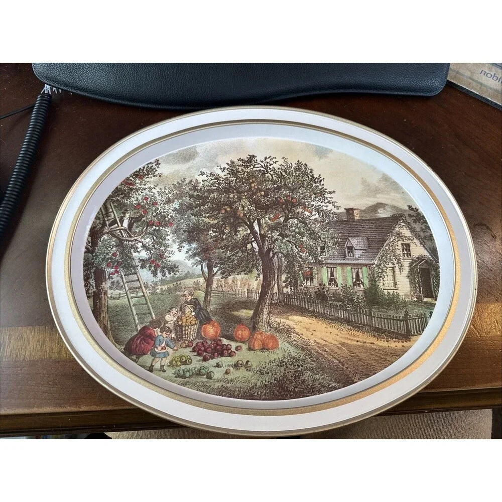 Vintage Currier & Ives Metal 1868 Oval Tray The American Homestead - Autumn